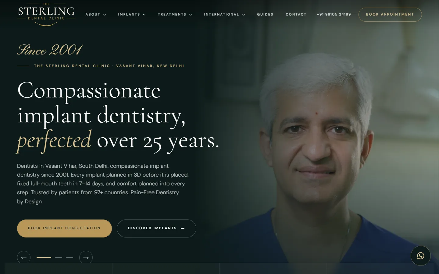 The home page of sterlingdentalclinic.com on a desktop browser: The Sterling Dental Clinic, Vasant Vihar, New Delhi